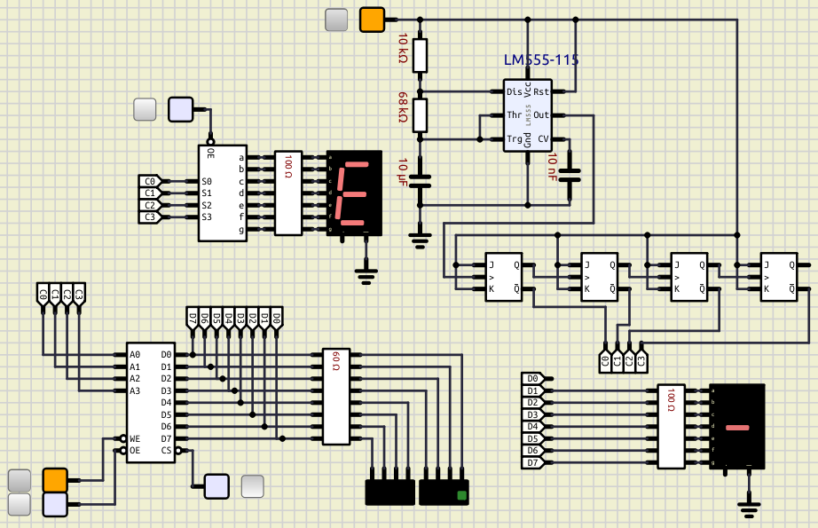 Circuito decodificador de mensajes usando una memoria Ram/Rom que presenta la salida de la combinación 1110 del contador asíncrono elaborado con flip-flops