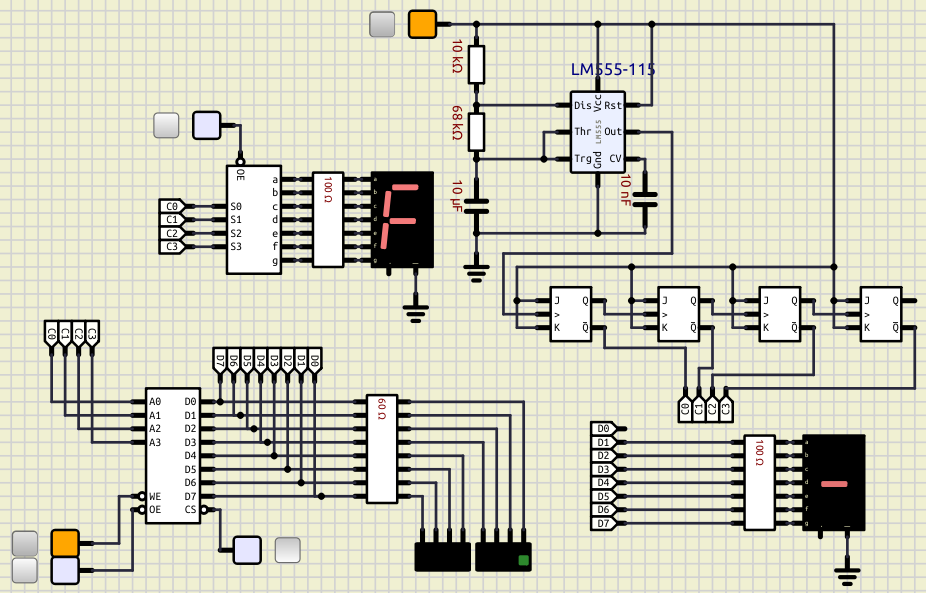 Circuito decodificador de mensajes usando una memoria Ram/Rom que presenta la salida de la combinación 1111 del contador asíncrono elaborado con flip-flops