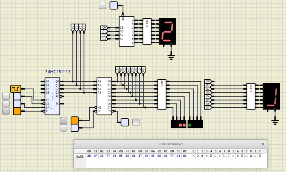 Circuito decodificador de mensajes usando una memoria Ram/Rom que presenta la salida de la combinación 0010 del contador