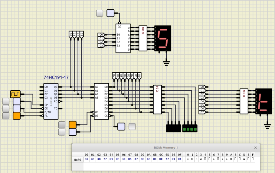 Circuito decodificador de mensajes usando una memoria Ram/Rom que presenta la salida de la combinación 0101 del contador