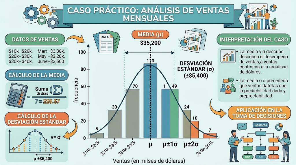 Caso práctico: Histograma de ventas mensuales con media y desviación estándar marcadas