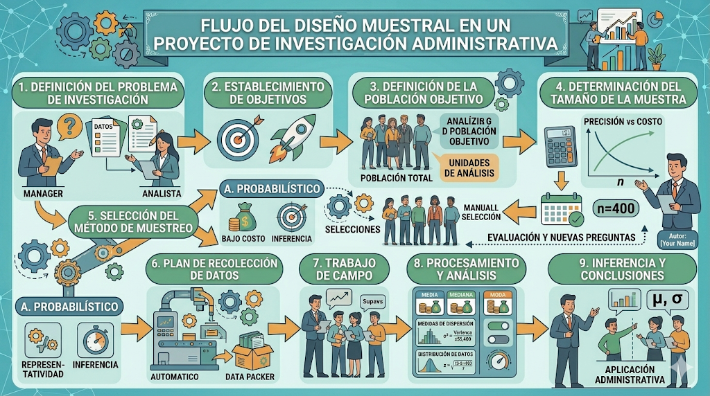 Infografía: Flujo del diseño muestral en un proyecto de investigación administrativa