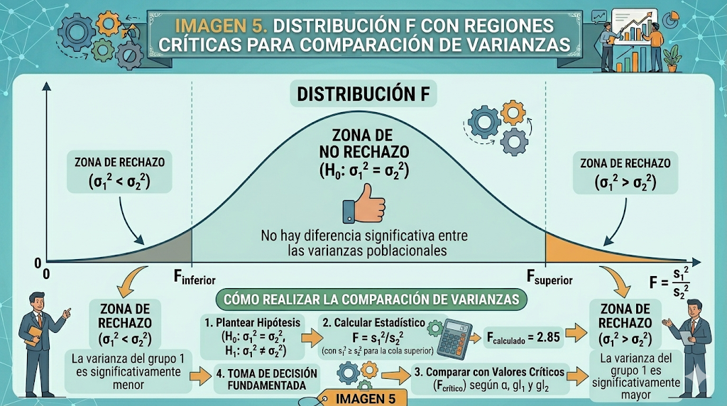 Distribución F con regiones críticas para comparación de varianzas
