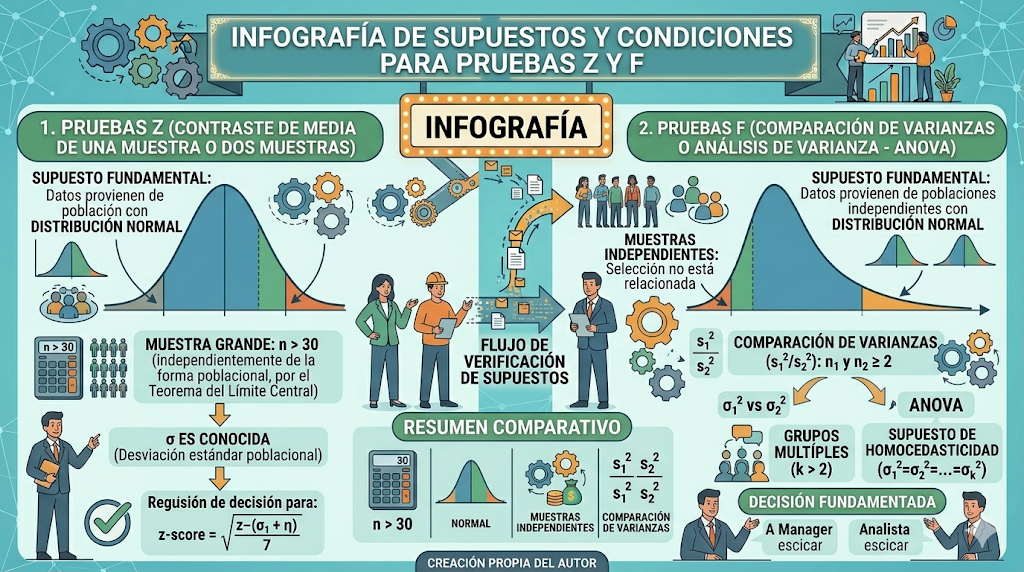 Infografía de supuestos y condiciones para pruebas Z y F
