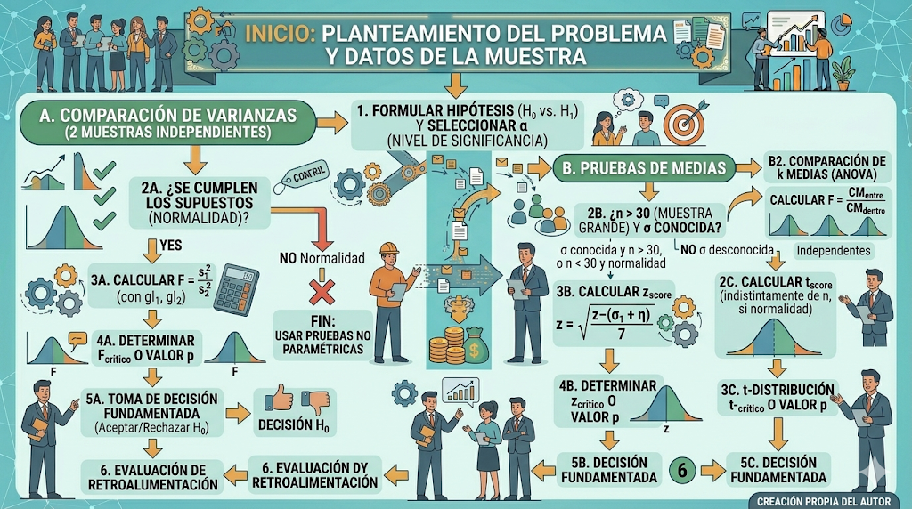 Flujograma completo para decisión en pruebas de hipótesis con Z y F