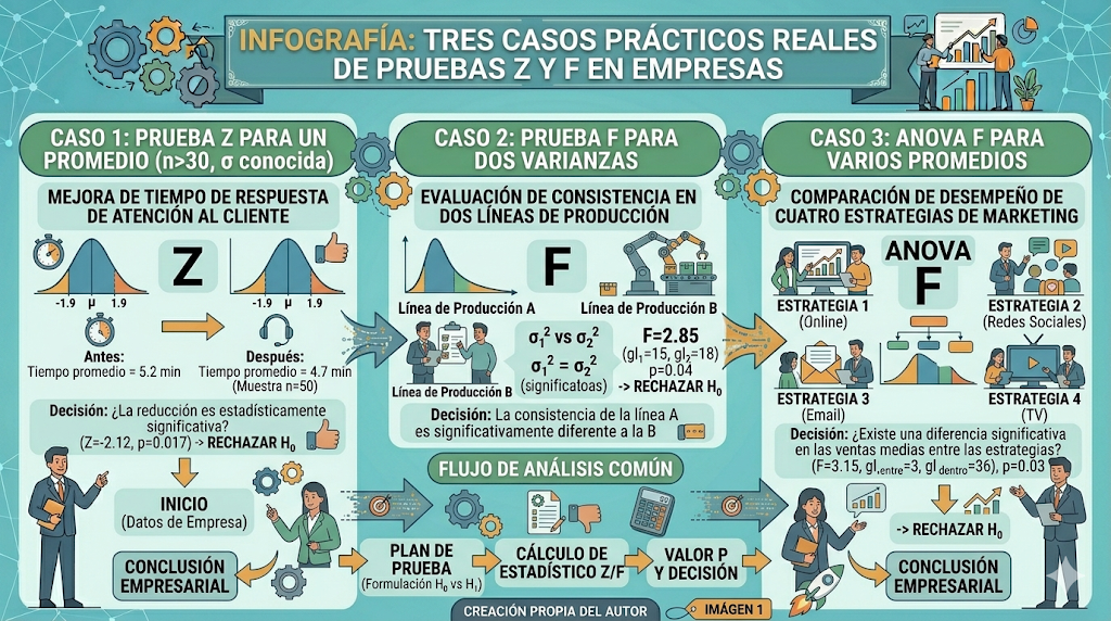 Infografía con tres casos prácticos reales de aplicación de pruebas Z y F en empresas
