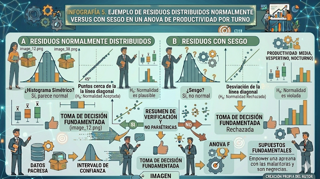 Ejemplo de residuos distribuidos normalmente versus con sesgo en un ANOVA de productividad por turno