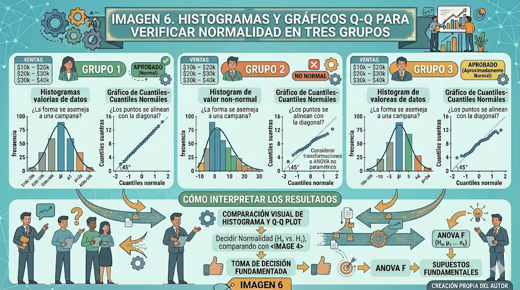 Histogramas y gráficos Q-Q para verificar normalidad en tres grupos