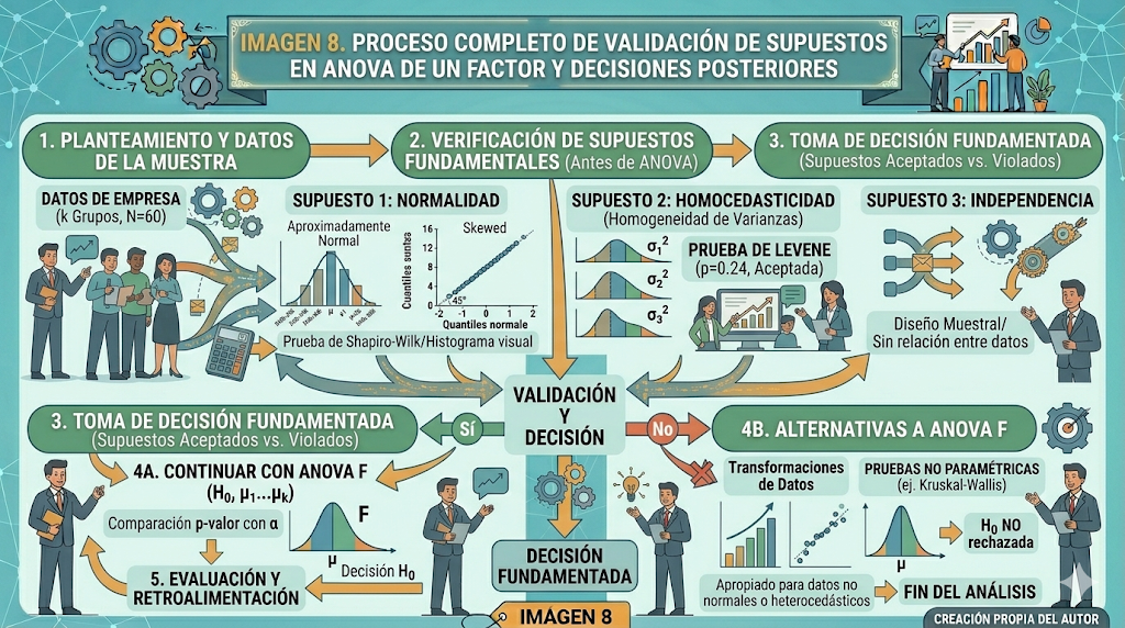Infografía: Proceso completo de validación de supuestos en ANOVA de un factor y decisiones posteriores
