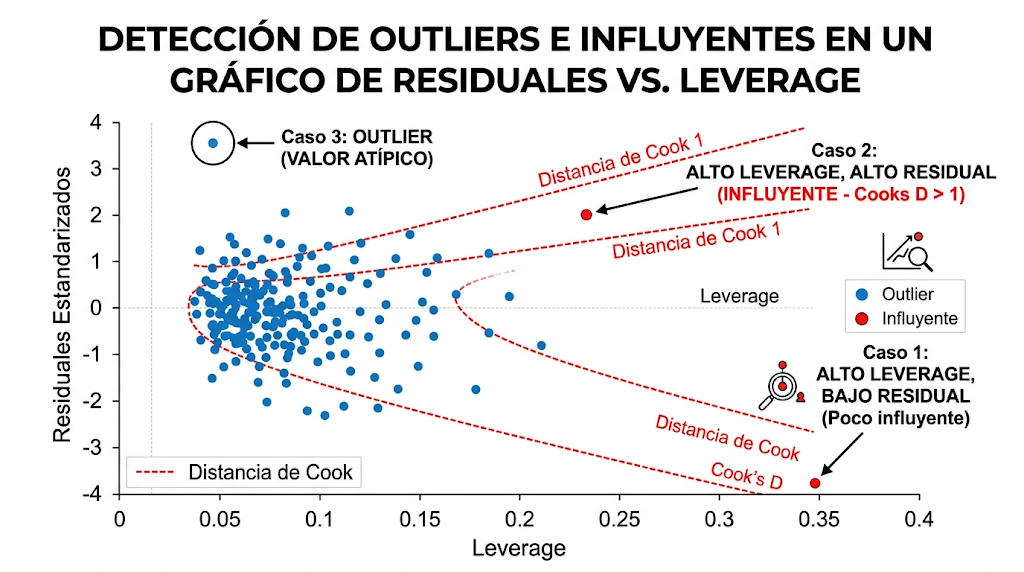 Detección de outliers e influyentes en un gráfico de residuales vs. leverage
