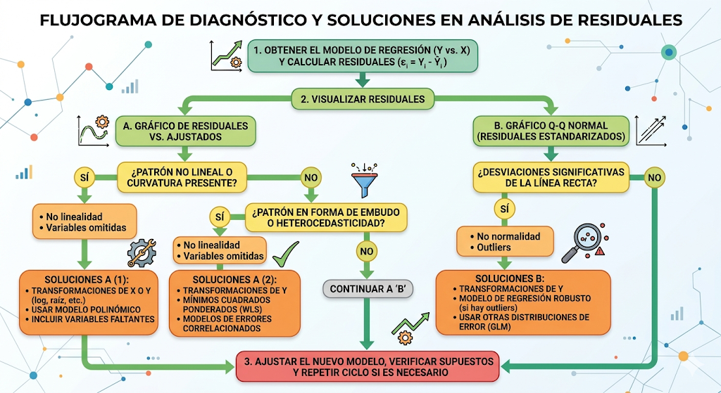 Flujograma de diagnóstico y soluciones en análisis de residuales