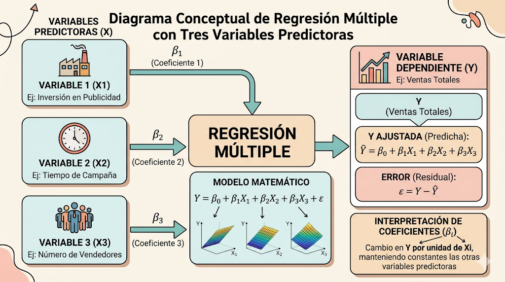 Diagrama conceptual de regresión múltiple con tres variables predictoras