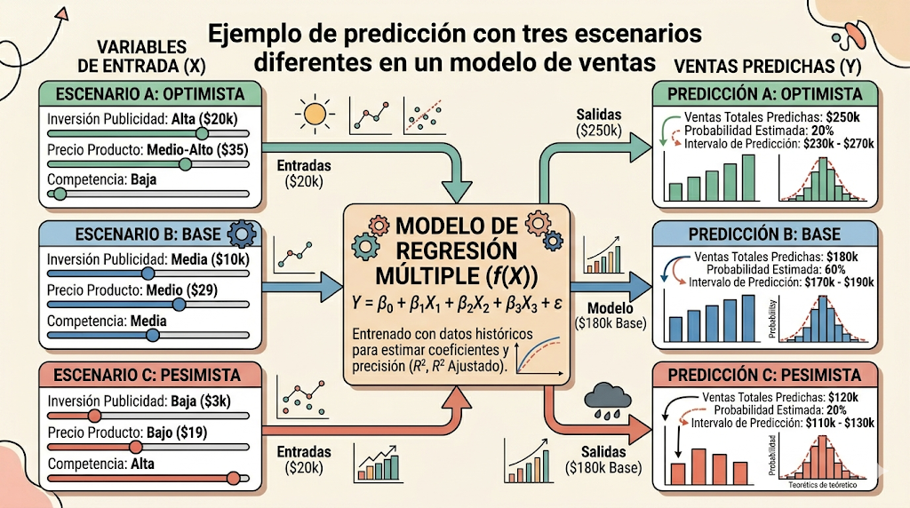 Ejemplo de predicción con tres escenarios diferentes en un modelo de ventas