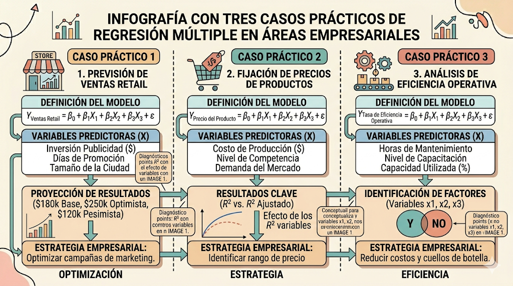 Infografía con tres casos prácticos de regresión múltiple en áreas empresariales