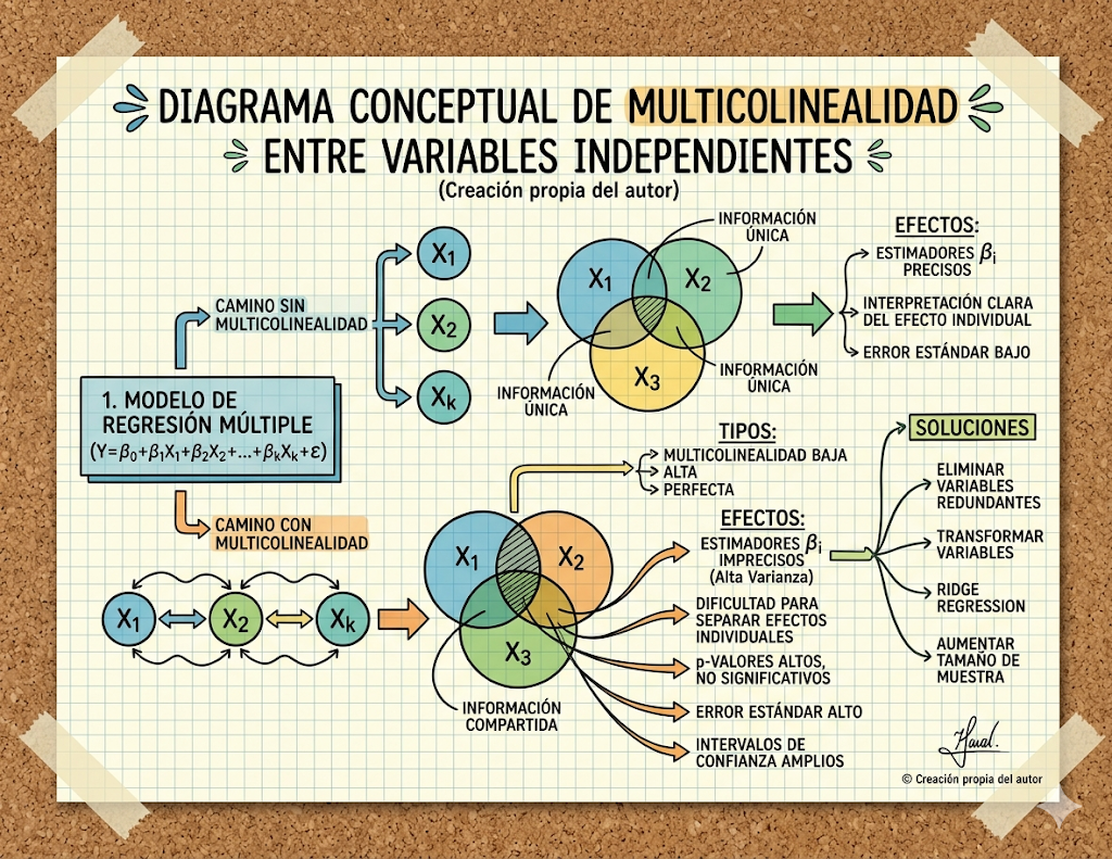 Diagrama conceptual de multicolinealidad entre variables independientes