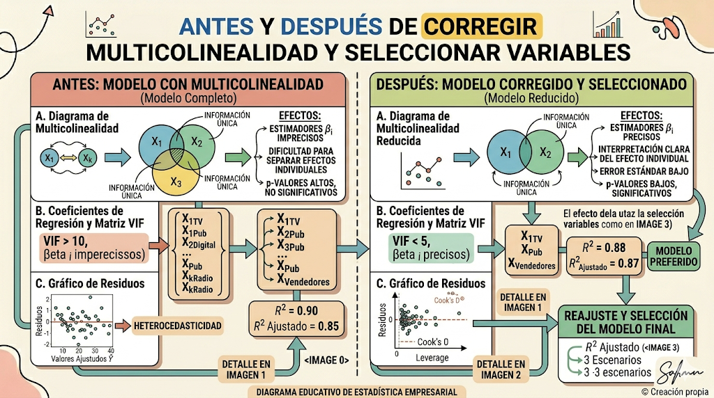 Antes y después de corregir multicolinealidad y seleccionar variables