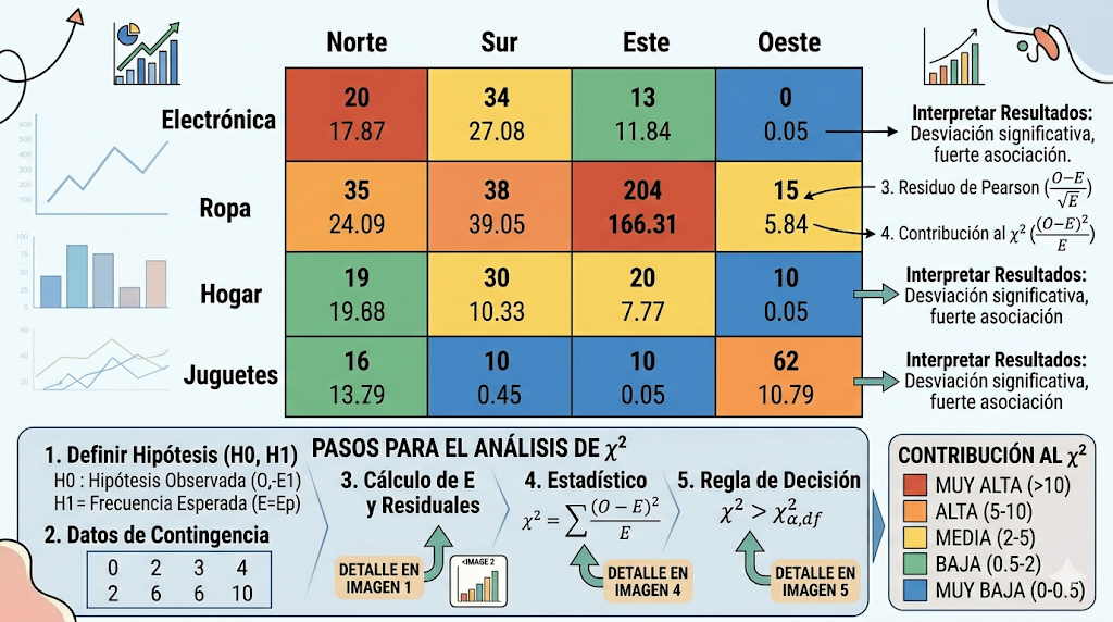 Representación visual de tabla de contingencia con colores según contribución al χ²
