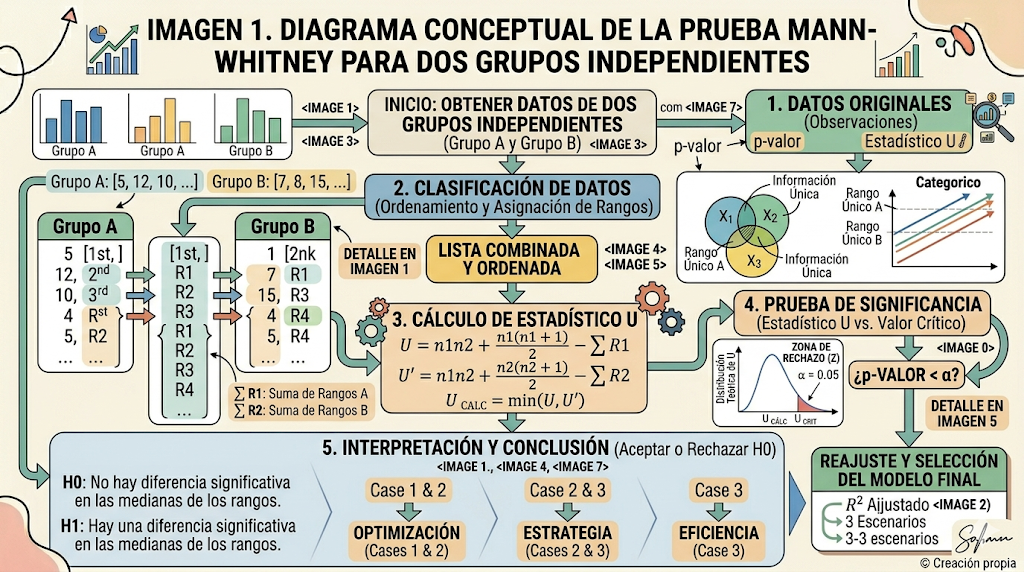 Diagrama conceptual de la prueba Mann-Whitney para dos grupos independientes