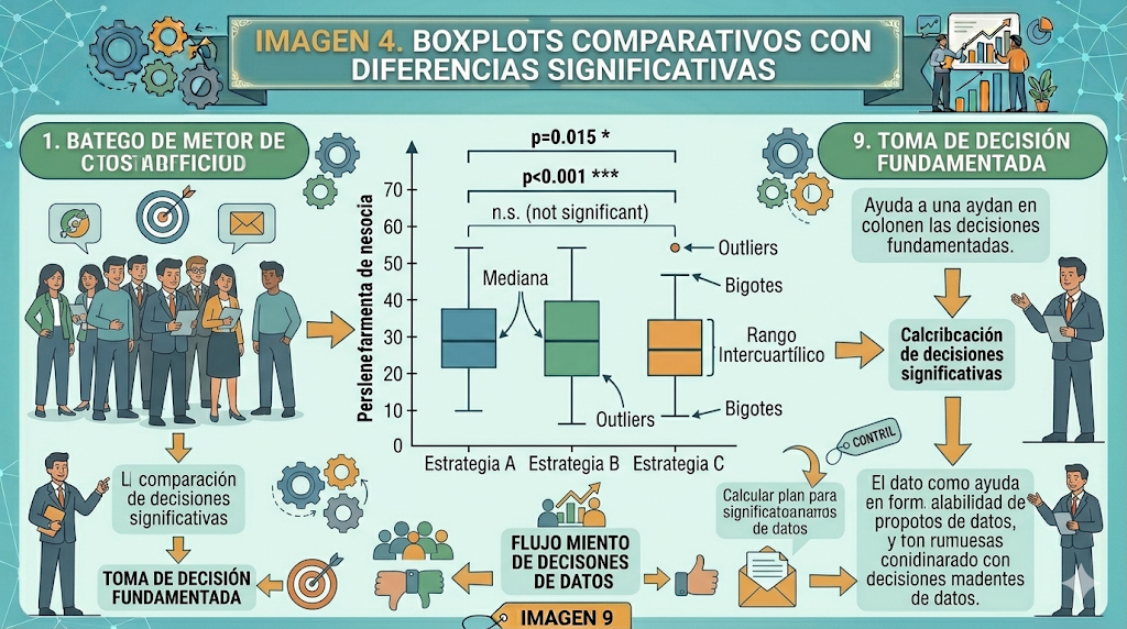 Gráfico de boxplots comparativos con anotaciones de diferencias significativas