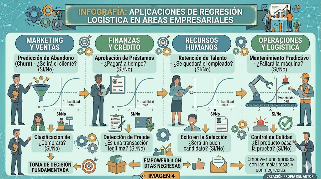 Infografía con aplicaciones de regresión logística en áreas empresariales