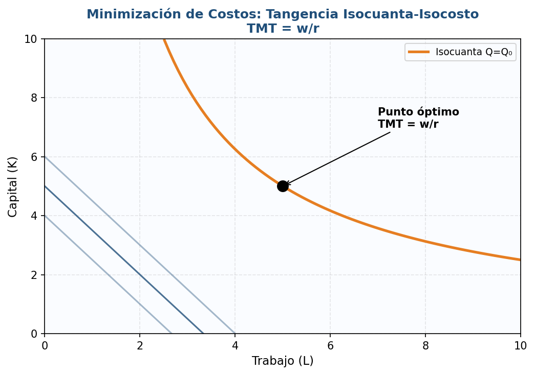 Infografía: Minimización de costos — La tangencia entre isocuanta e isocosto determina la combinación óptima de insumos, análoga a la tangencia curva de indiferencia-recta presupuestaria del consumidor