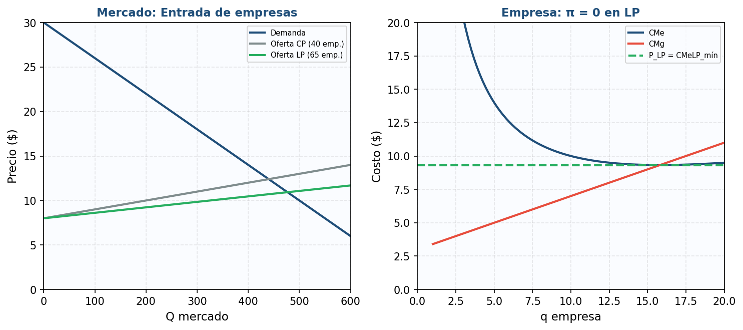 Convergencia al equilibrio de largo plazo: en el CP, los beneficios atraen nuevas empresas; la oferta aumenta, el precio baja hasta P = CMeLP_mín y el beneficio económico se elimina.