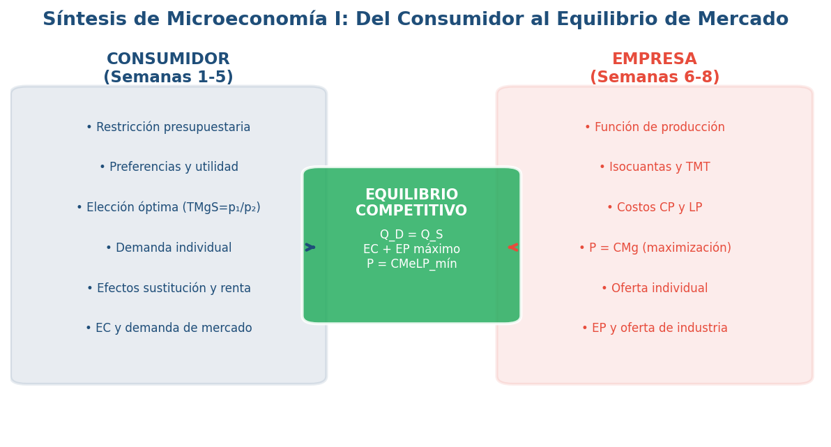 Infografía de síntesis del curso: Flujo completo desde el consumidor, mostrando cómo la demanda de mercado y la oferta de la industria se encuentran en el equilibrio