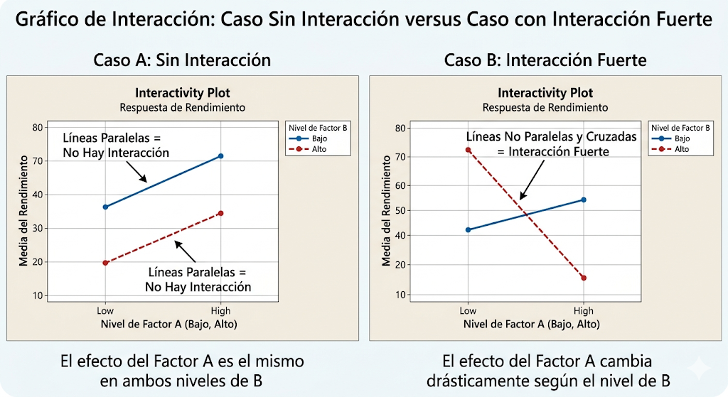Gráfico de interacción: caso sin interacción versus caso con interacción fuerte