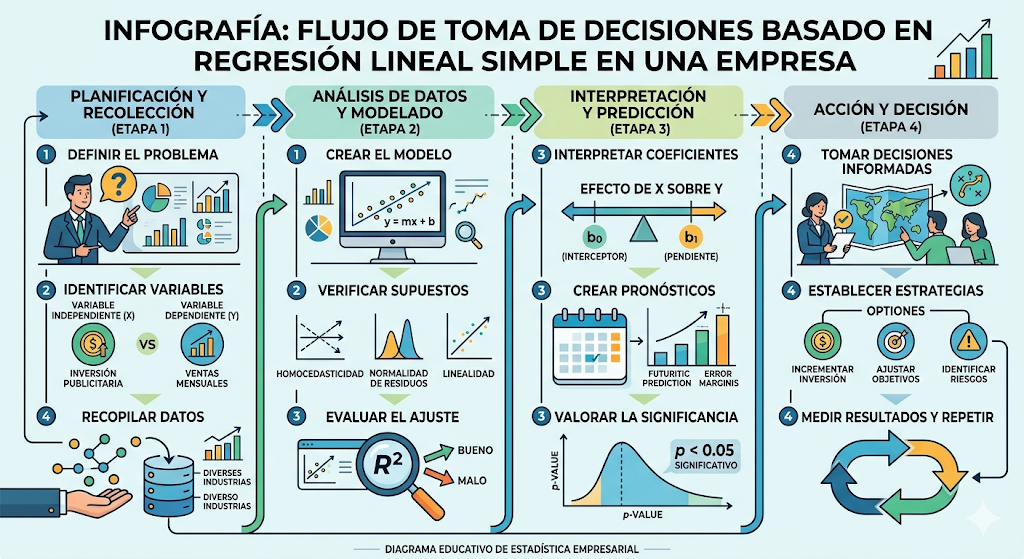Infografía: Flujo de toma de decisiones basado en regresión lineal simple en una empresa