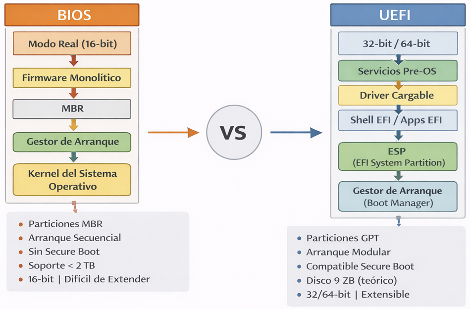 Comparación estructural BIOS vs UEFI