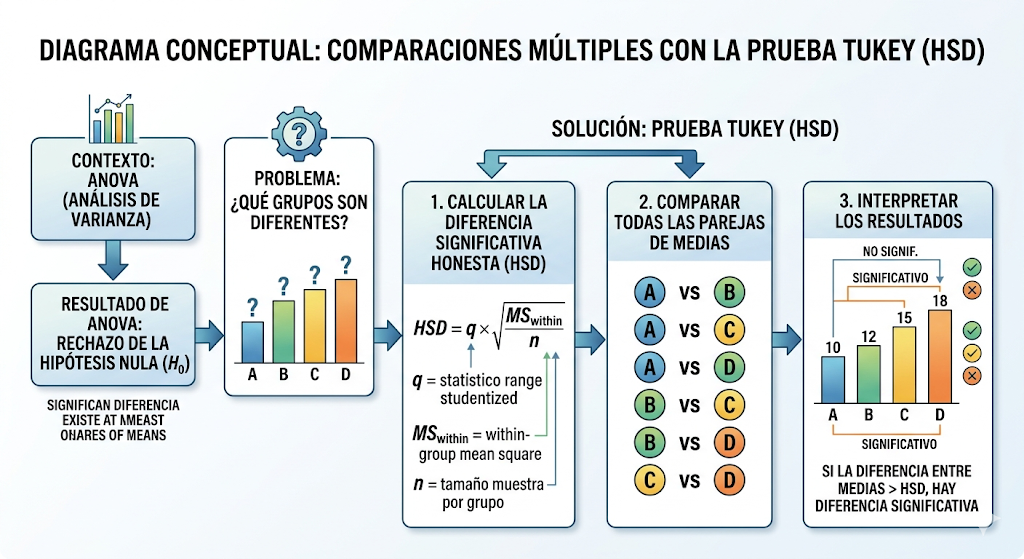 Diagrama conceptual de comparaciones múltiples con la prueba Tukey