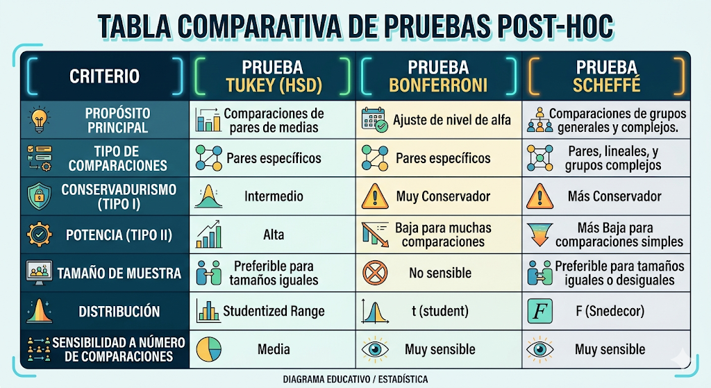 Tabla comparativa de las tres pruebas post-hoc: Tukey, Bonferroni y Scheffé