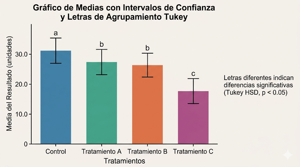 Gráfico de medias con intervalos de confianza y letras de agrupamiento Tukey