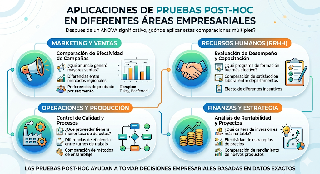 Infografía: Aplicaciones de pruebas post-hoc en diferentes áreas empresariales