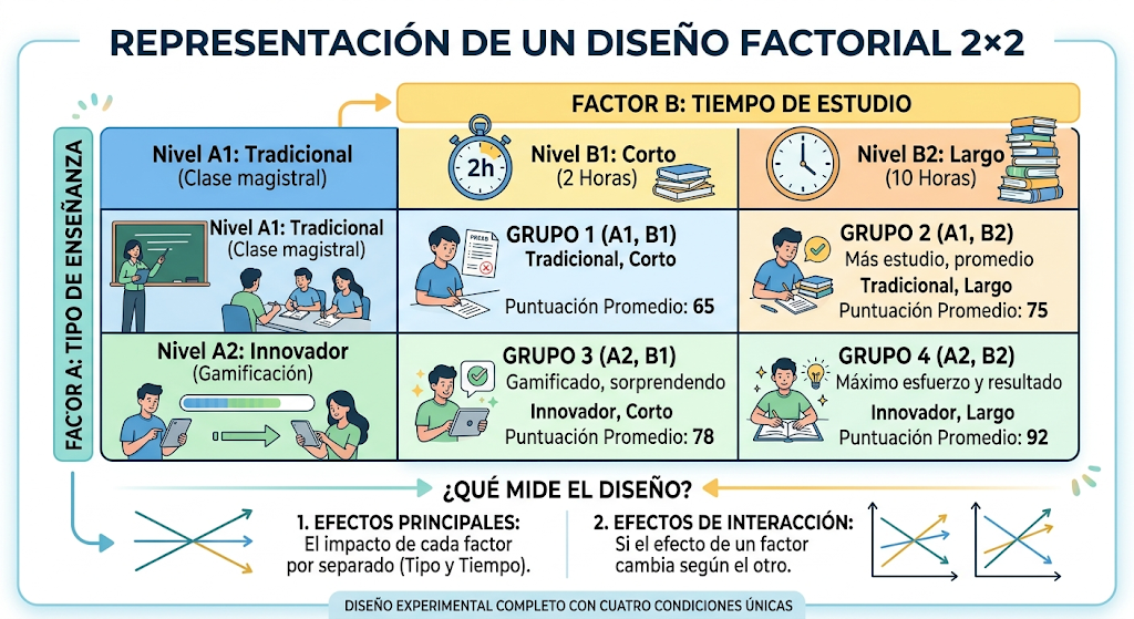 Representación de un diseño factorial 2×2
