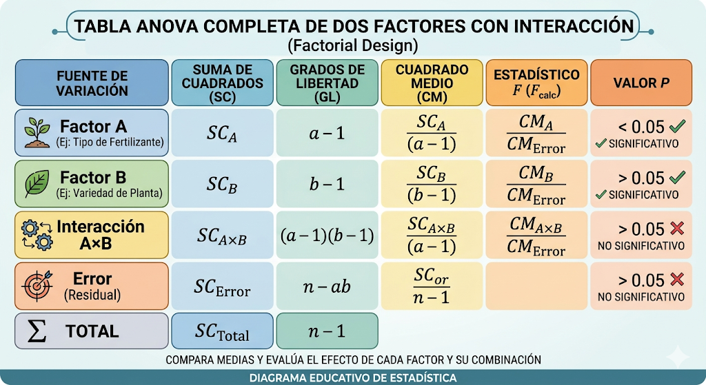 Tabla ANOVA completa de dos factores con interacción