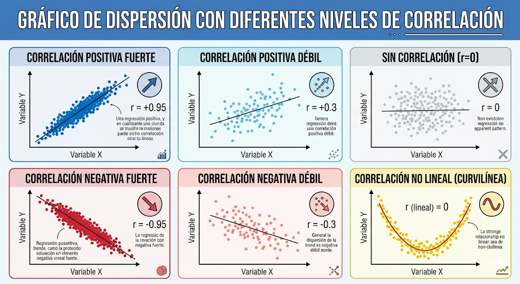 Gráfico de dispersión con diferentes niveles de correlación