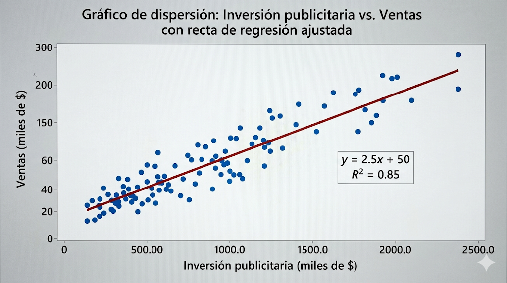 Recta de regresión ajustada sobre datos de inversión publicitaria vs. ventas