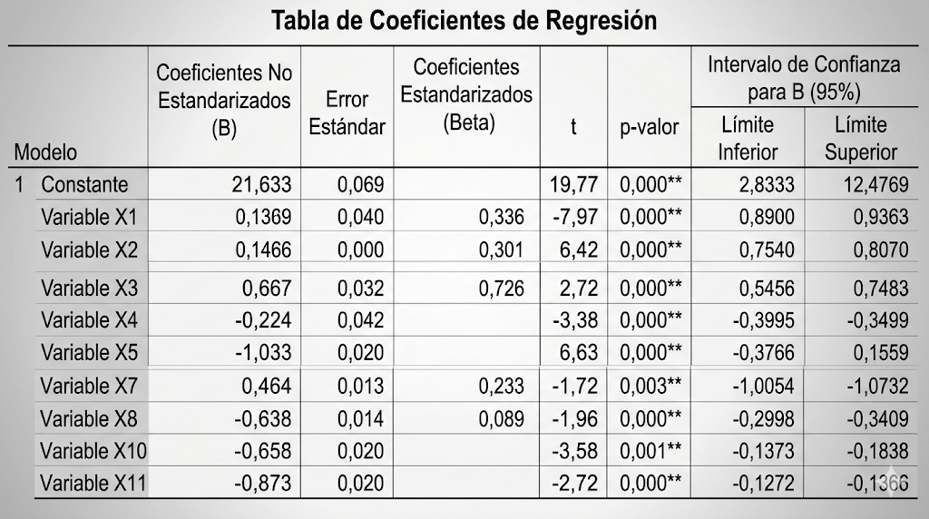 Tabla de coeficientes con valores t, p-valor y confianza