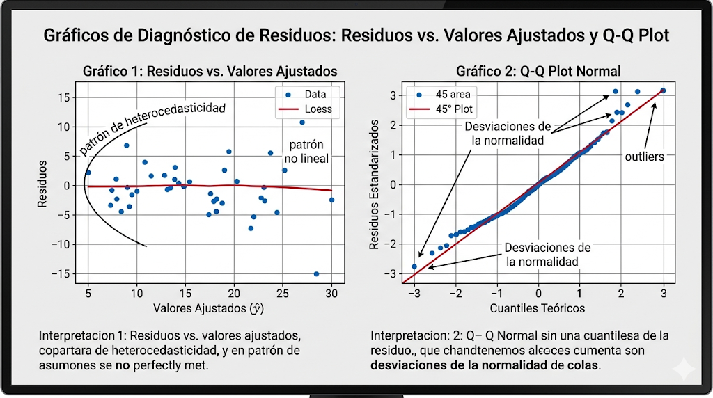 Gráficos de diagnóstico de residuos: residuos vs. valores ajustados y Q-Q plot