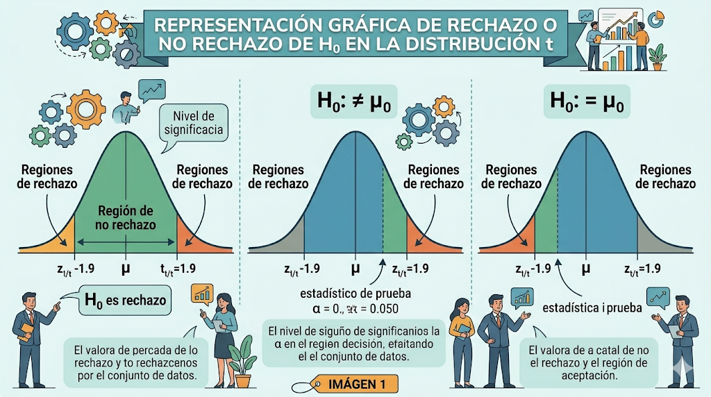 Representación gráfica de rechazo o no rechazo de H₀ en la distribución t
