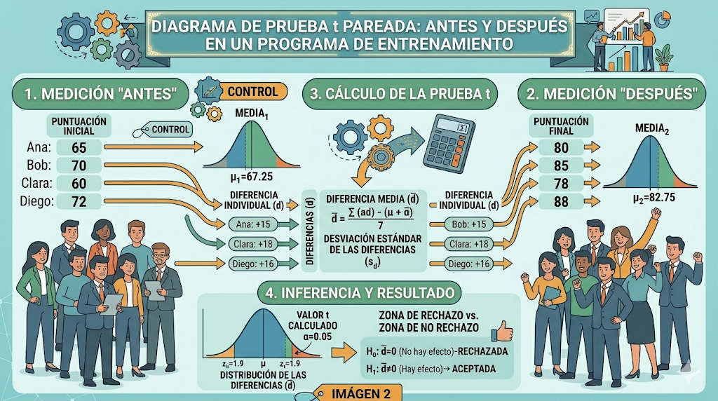 Diagrama de prueba t pareada: antes y después en un programa de entrenamiento