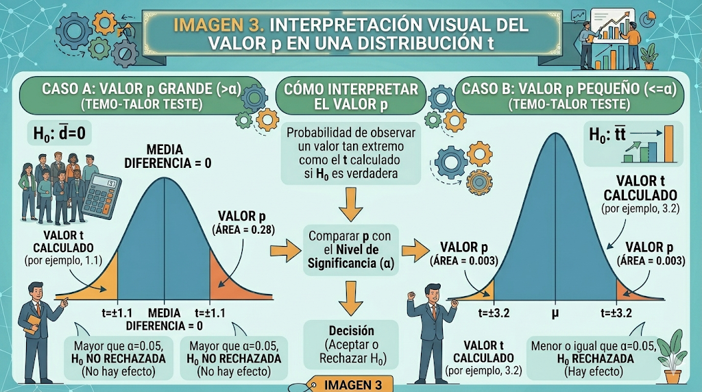 Interpretación visual del valor p en una distribución t