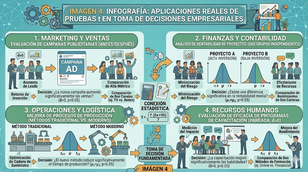 Infografía: Aplicaciones reales de pruebas t en toma de decisiones empresariales