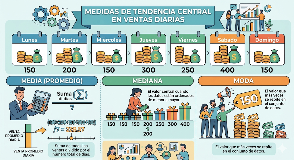 Ejemplo de medidas de tendencia central aplicadas a datos de ventas diarias