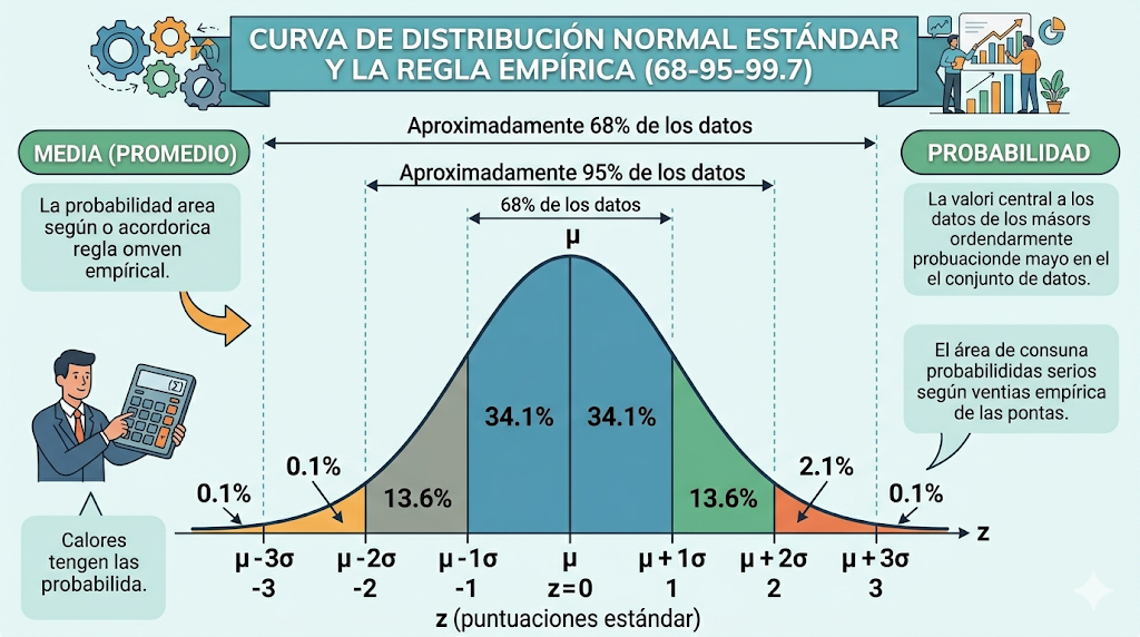 Curva de distribución normal estándar con áreas de probabilidad según la regla empírica