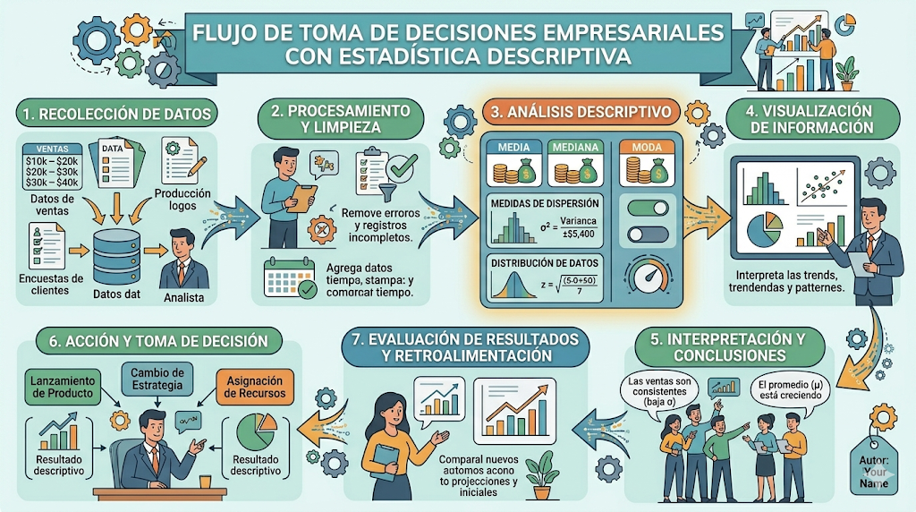 Infografía: Flujo de toma de decisiones basado en estadística descriptiva en una empresa