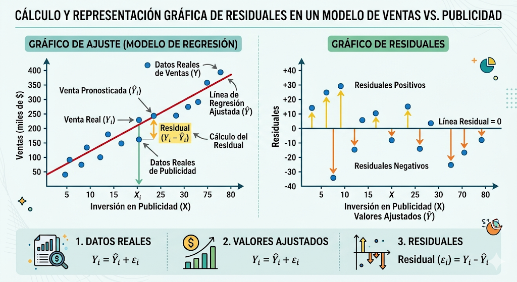Cálculo y representación gráfica de residuales en un modelo de ventas vs. publicidad