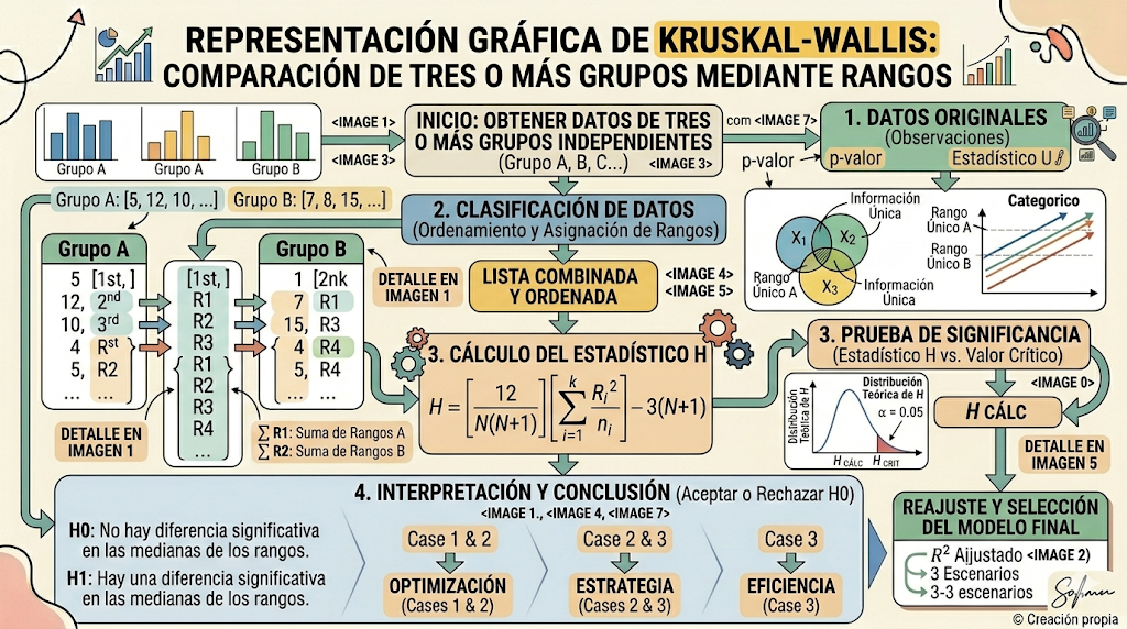 Representación gráfica de Kruskal-Wallis: comparación de tres o más grupos mediante rangos