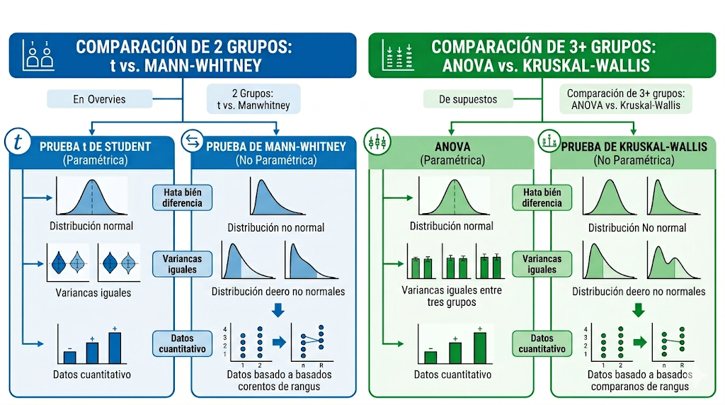 Comparación visual de supuestos: prueba t vs. Mann-Whitney y ANOVA vs. Kruskal-Wallis